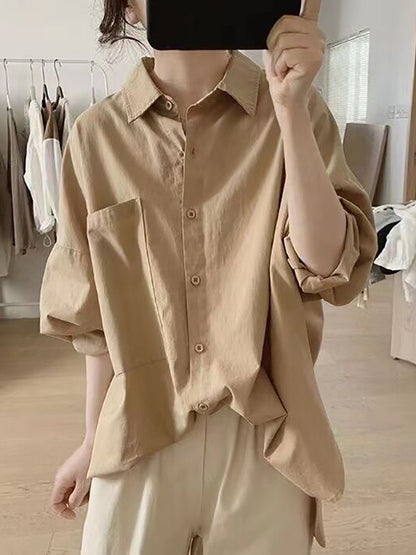 xakxx Casual Long Sleeves Loose Buttoned Solid Color Lapel Collar Blouses&Shirts Tops