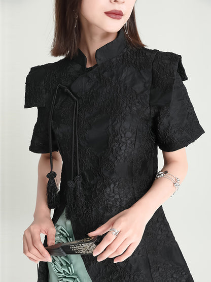 xakxx Vintage Contrast Color Applique Embroidered Short Cheongsams Mini Dress