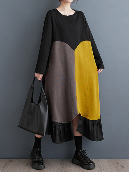 xakxx A-Line Long Sleeves Contrast Color Pleated Split-Front Split-Joint Round-Neck Midi Dresses
