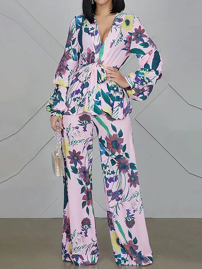 xakxx High Waisted Long Sleeves Flower Print Tied Waist V-Neck Shirts Top + Pants Bottom Two Pieces Set