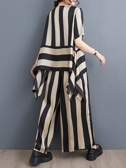 xakxx Irregular Clipping Loose Striped Round-Neck T-Shirt + Wide Leg Pants Two Pieces Set