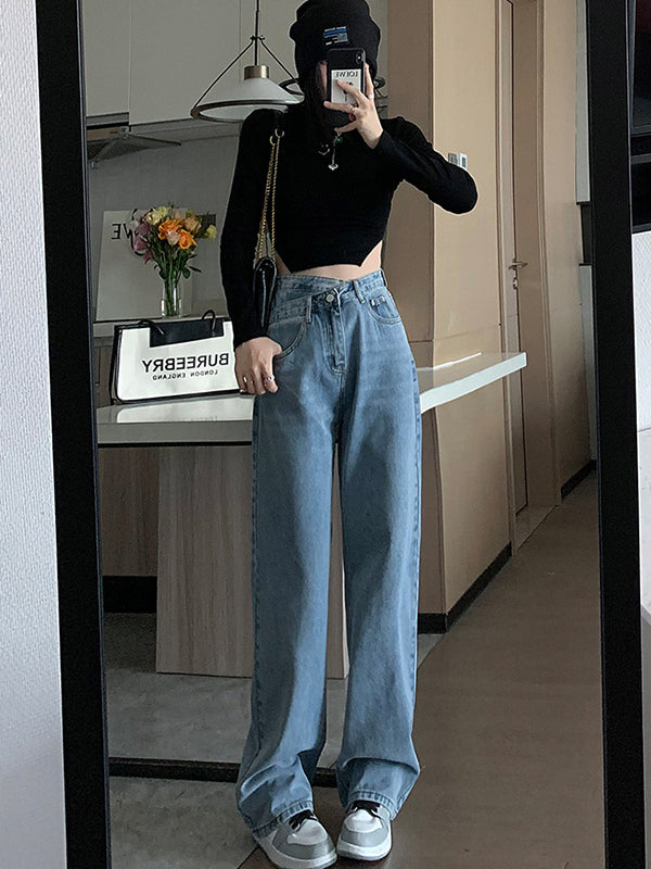 xakxx Casual High Waisted Denim Wide Leg Jean Pants