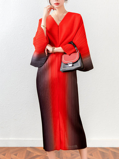 xakxx Fashion Loose Batwing Sleeves Gradient Pleated Midi Dress