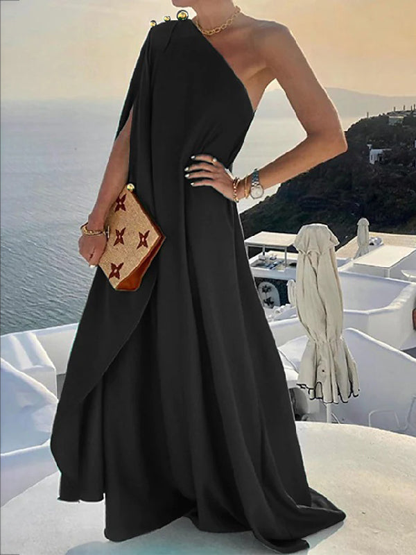 xakxx Simple Asymmetric Solid Color One-Shoulder Maxi Dresses