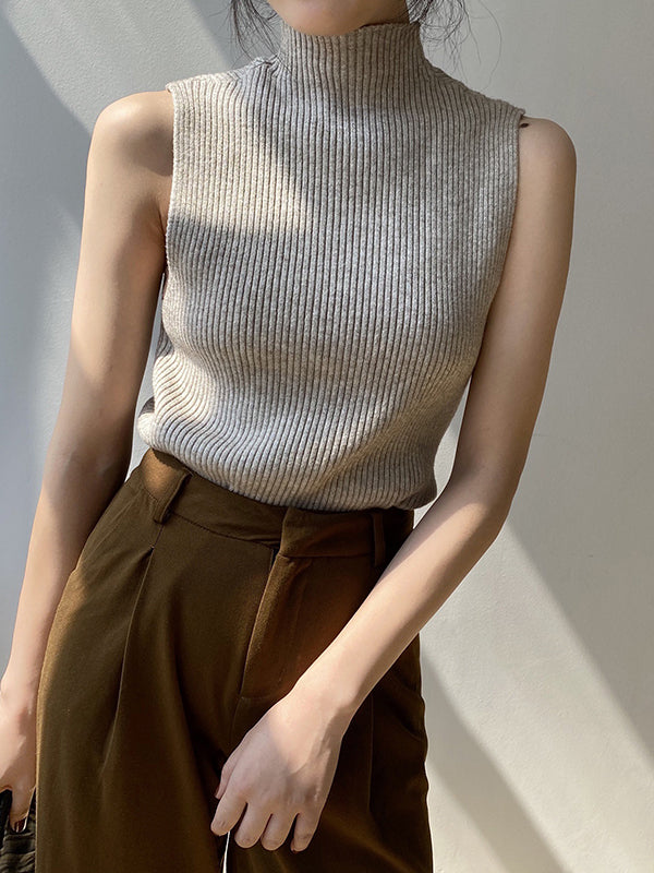 xakxx Skinny Sleeveless Solid Color High-Neck Knitwear Vest Top