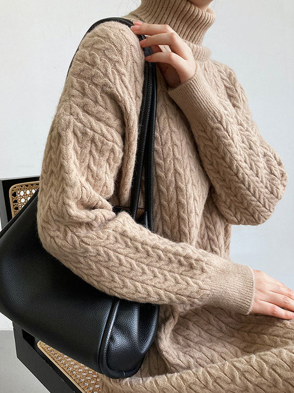 xakxx Stylish Loose Long Sleeves Solid Color High-Neck Twist Sweater Dresses