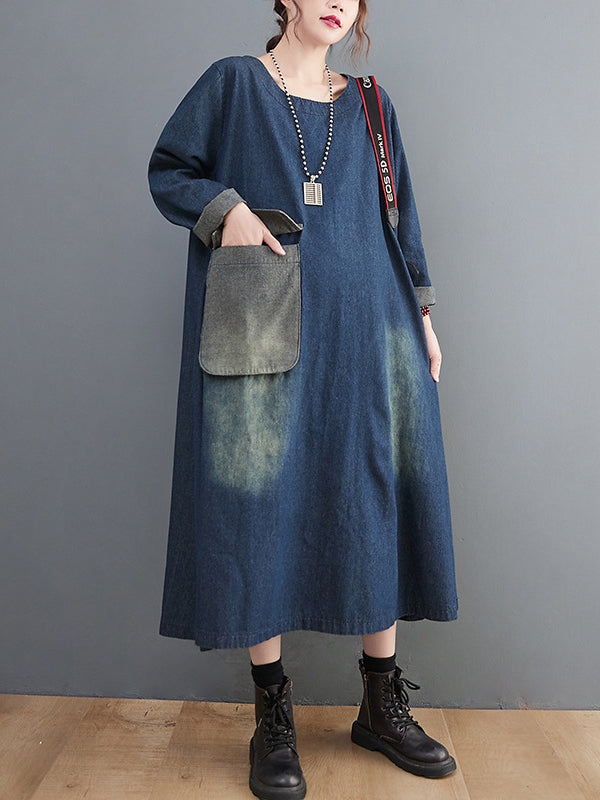 xakxx Artistic Retro Loose Denim Applique Round-Neck Long Sleeves Midi Dress