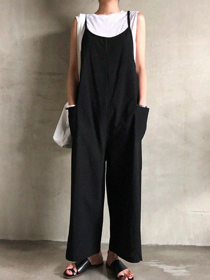 xakxx Black&Khaki Casual Spaghetti-Neck Loose Wide-Leg Overalls