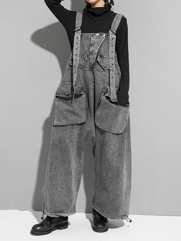xakxx Loose Sleeveless Pockets Split-Joint Jean Pants Bottoms Overalls
