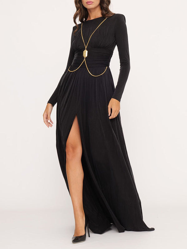xakxx Long Sleeves Backless No Body Chain Pleated Solid Color Tied Waist Maxi Dresses
