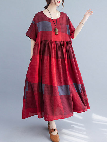 xakxx Artistic Retro Loose Color-Block Pleated Round-Neck Half Sleeves Midi Dress