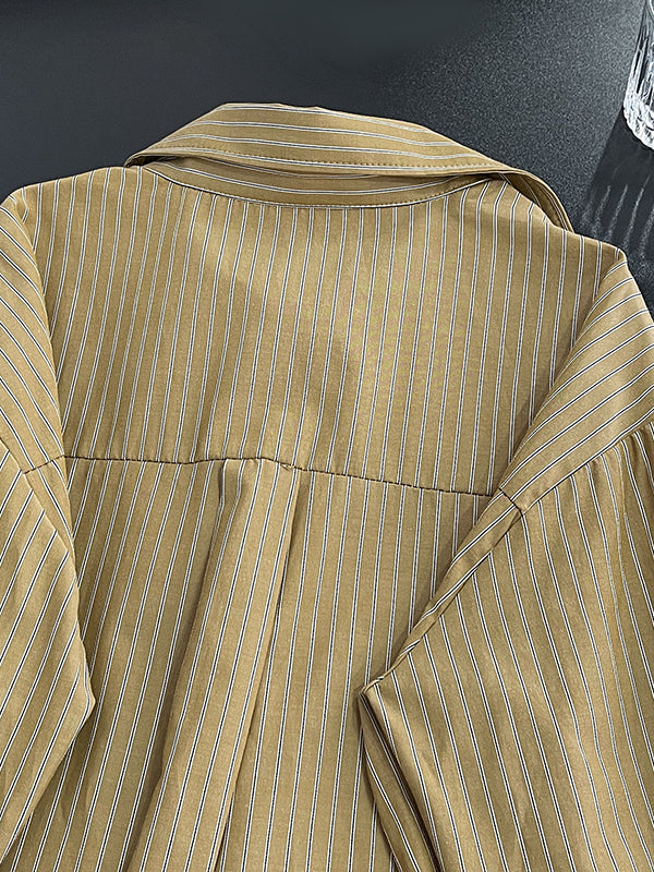 xakxx Long Sleeves Loose Asymmetric Split-Joint Striped Lapel Blouses