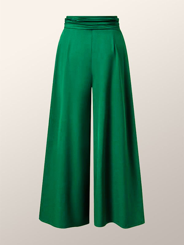 xakxx Loose Wide Leg Pleated Solid Color Tied Waist Pants Trousers