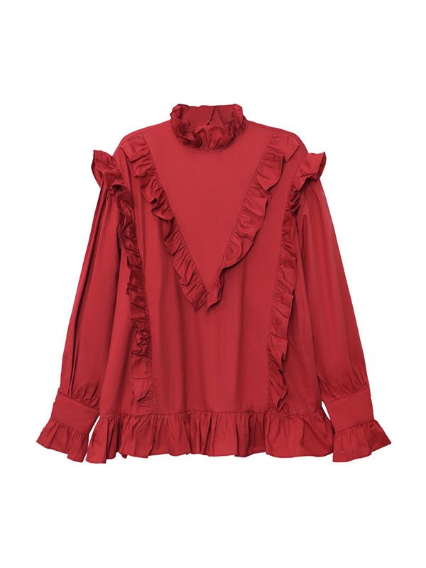 xakxx Long Sleeves Loose Buttoned Ruffled Solid Color Stand Collar Blouses&Shirts Tops