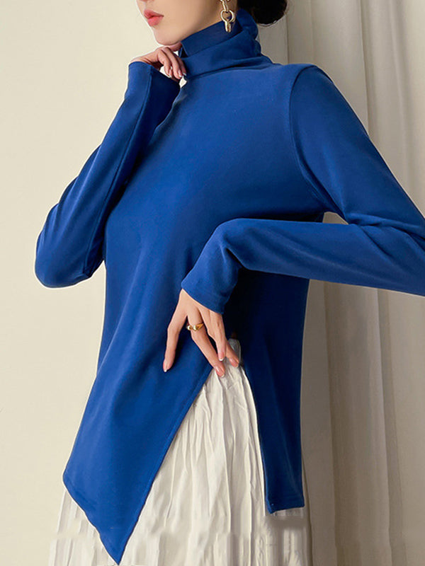 xakxx Casual Skinny Long Sleeves Split-Side Solid Color High-Neck T-Shirts Tops