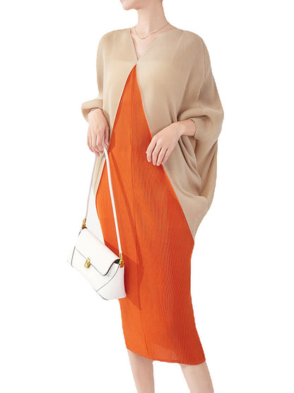 xakxx Batwing Sleeves Loose Contrast Color Pleated Round-Neck Midi Dresses