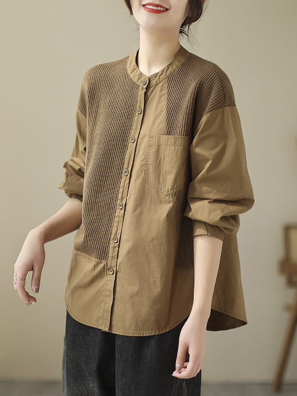 xakxx Long Sleeves Loose Asymmetric Buttoned Pockets Split-Joint Round-Neck Blouses&Shirts Tops