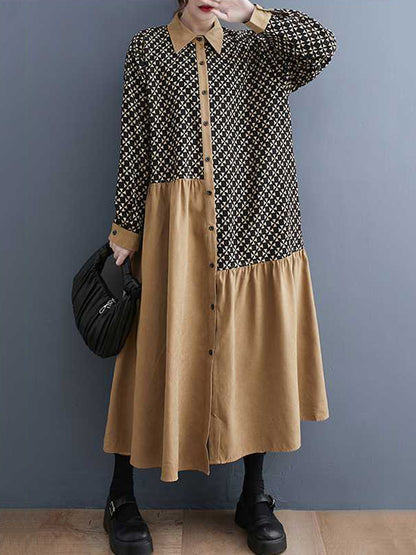 xakxx A-Line Long Sleeves Asymmetric Buttoned Pleated Printed Split-Joint Lapel Midi Dresses