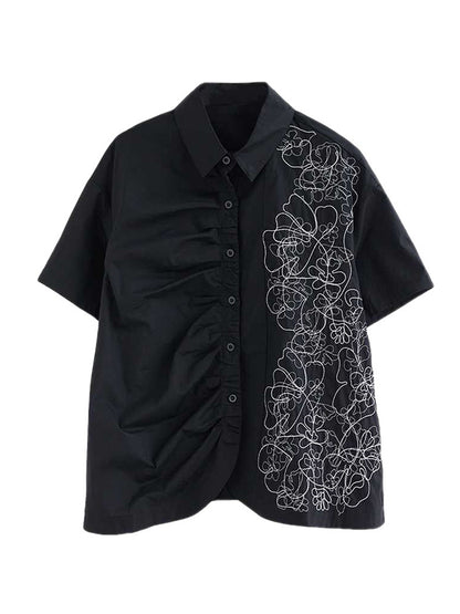 xakxx Irregularity Loose Buttoned Embroidered Pleated Lapel Collar Blouses&Shirts Tops