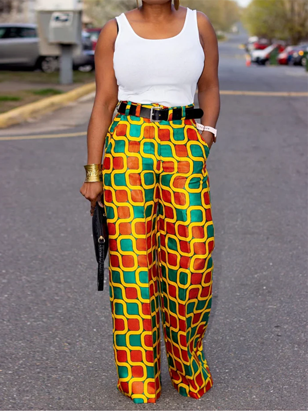 xakxx Loose Contrast Color Geometric Printed Casual Pants Bottoms