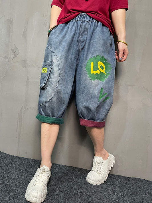 xakxx Harem Pants Loose Elasticity Printed Split-Joint Jean Pants Bottoms