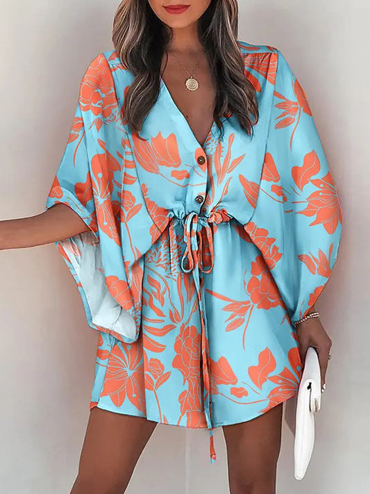 xakxx Original Loose Floral Printed Contrast Color Tied Mini Shirt Dress