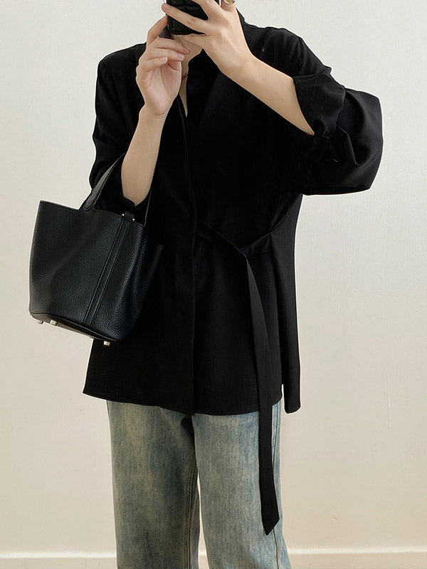 xakxx Office Loose Long Sleeves Lace-Up Solid Color Lapel Blouses