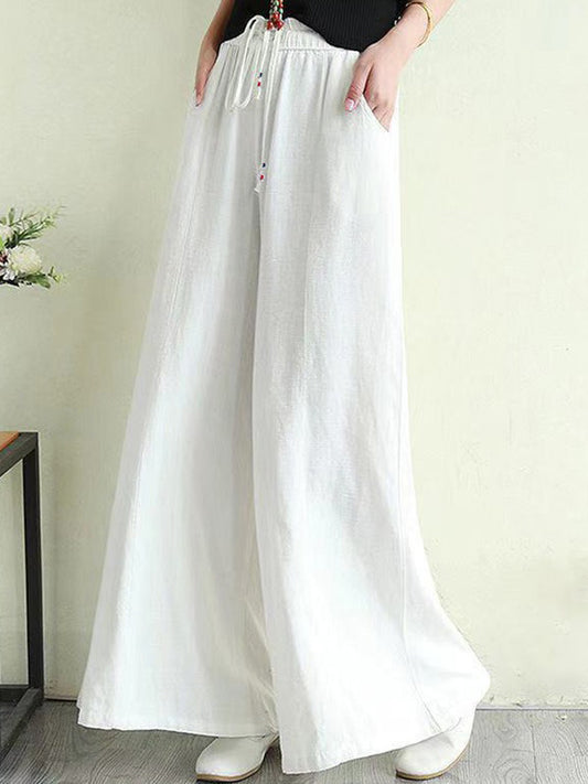 xakxx Artistic Ramie Cotton Drawstring Elasticity Loose Wide-Leg Pants