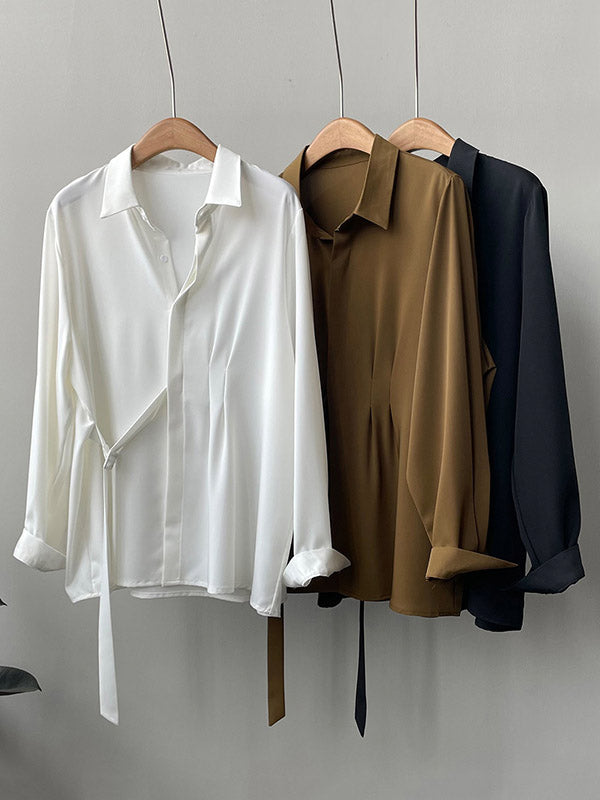 xakxx Office Loose Long Sleeves Lace-Up Solid Color Lapel Blouses