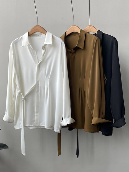 xakxx Office Loose Long Sleeves Lace-Up Solid Color Lapel Blouses