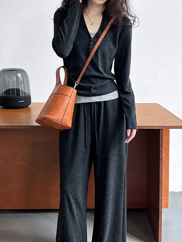 xakxx Long Sleeves Buttoned Hooded  T-Shirts Top + Vest Top + Wide Leg Drawstring Elasticity Pants Bottom Three Pieces Set