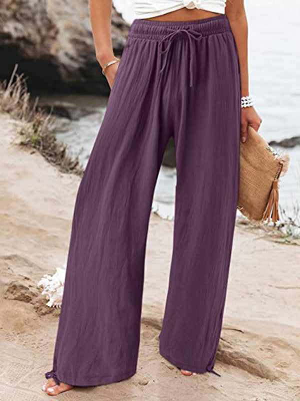 xakxx Loose Wide Leg Drawstring Elasticity Solid Color Pants Trousers