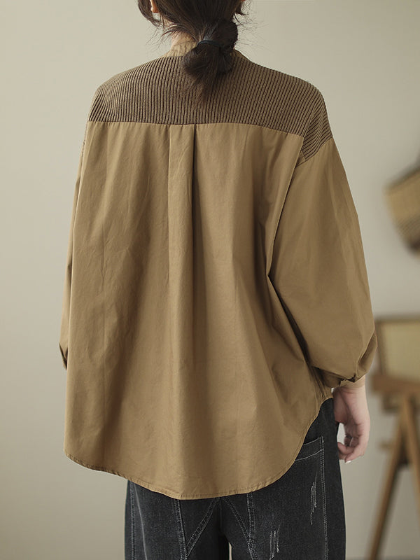 xakxx Vintage Long Sleeves Loose Split-Joint Round-Neck Blouses&Shirts Tops