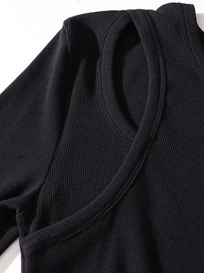 xakxx A-Line Long Sleeves Elasticity Hollow Solid Color Split-Joint Round-Neck Midi Dresses