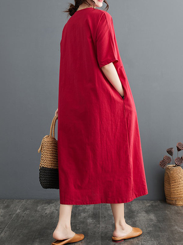 xakxx A-Line Loose Chinese Frog Buttons Pockets Solid Color Split-Side V-Neck Midi Dresses