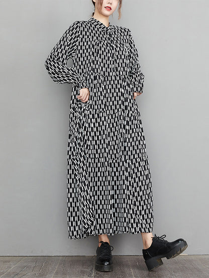 xakxx Casual Long Sleeves Loose Buttoned Contrast Color Printed Split-Joint Stand Collar Midi Dresses