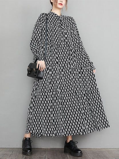 xakxx Casual Long Sleeves Loose Buttoned Contrast Color Printed Split-Joint Stand Collar Midi Dresses