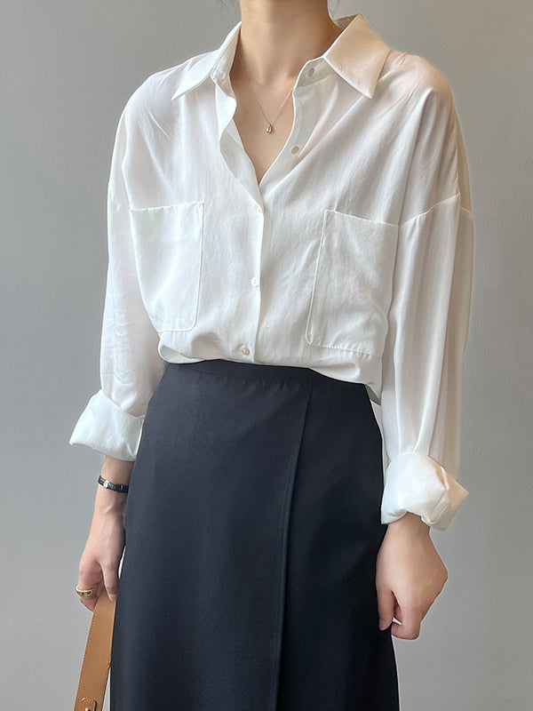 xakxx Vintage Long Sleeves Loose Solid Color Lapel Collar Blouses