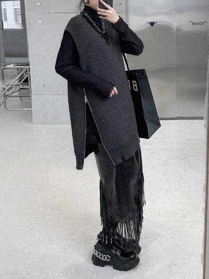 xakxx Loose Sleeveless Asymmetric Split-Side Zipper V-Neck Vest Outerwear