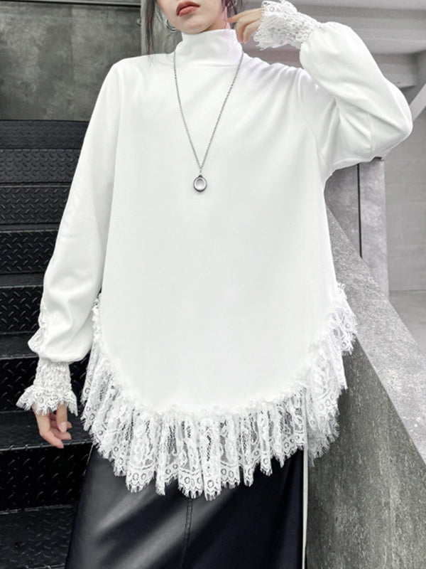 xakxx Long Sleeves Loose Solid Color Split-Joint High Neck T-Shirts Tops