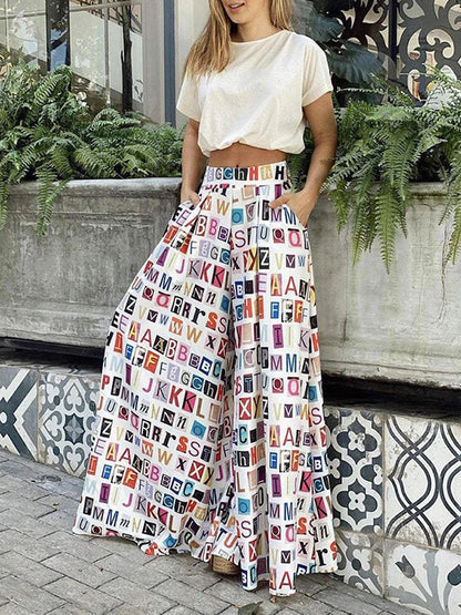 xakxx Loose Wide Leg Contrast Color Letter Print Casual Pants Bottoms