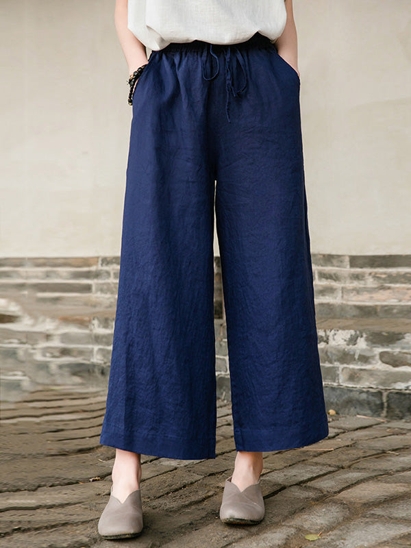 xakxx Simple Linen Column Elasticity Waist Pants