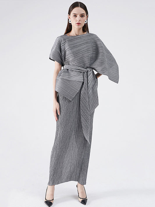 xakxx Urban Loose Solid Color Tied Pleated Top&V-Back Vest Dress Two Pieces Set