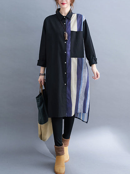 xakxx Original Buttoned Contrast Color Split-Joint  Long Sleeves Lapel Blouse