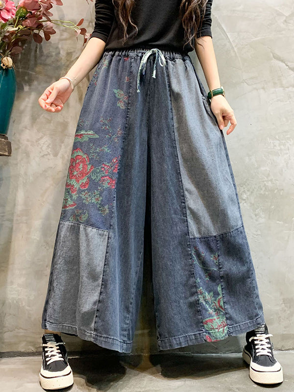xakxx Casual Wide Leg Loose Color-Block Bandage Embroidered Jean Pants Bottoms