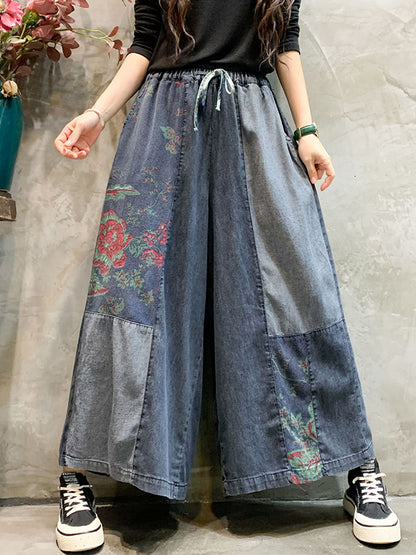 xakxx Casual Wide Leg Loose Color-Block Bandage Embroidered Jean Pants Bottoms