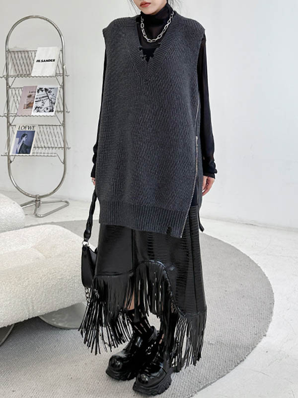 xakxx Loose Sleeveless Asymmetric Split-Side Zipper V-Neck Vest Outerwear