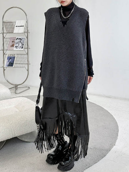 xakxx Loose Sleeveless Asymmetric Split-Side Zipper V-Neck Vest Outerwear