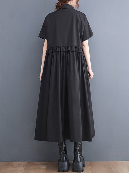xakxx Simple Short Sleeves Loose Buttoned Falbala Split-Joint Solid Color Midi Shirt Dress