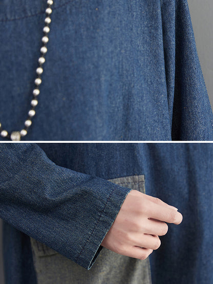 xakxx Artistic Retro Loose Denim Applique Round-Neck Long Sleeves Midi Dress